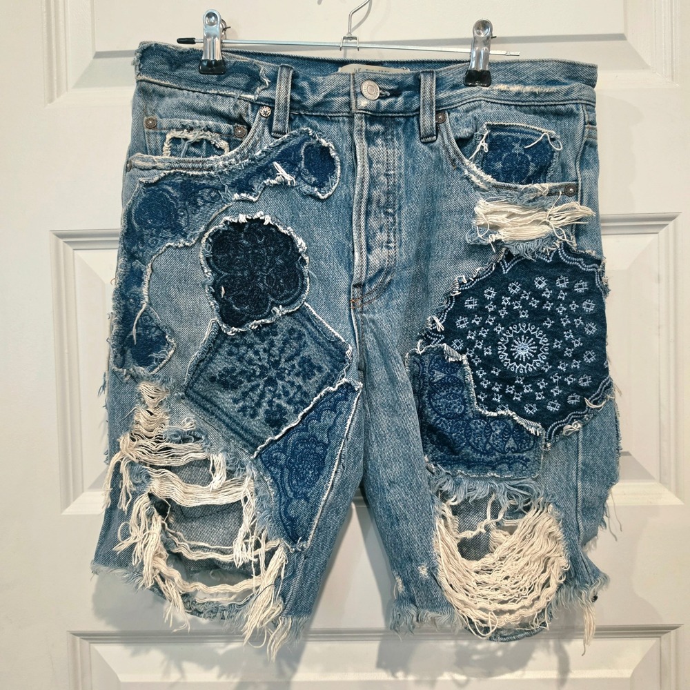 Free People Denim Shorts Women 25 Blue Cotton Boho Patchwork Distressed Festival